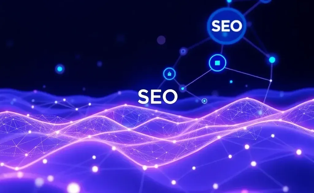 Abstract digital visualization of SEO optimization networks and data connections