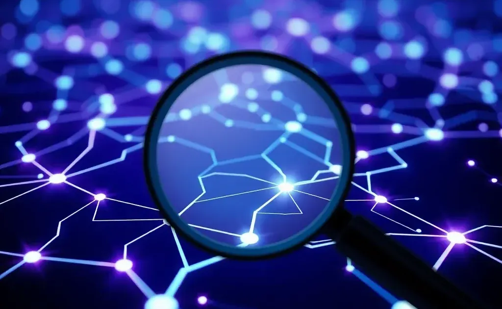 Abstract digital network visualization with magnifying glass symbolizing SEO optimization