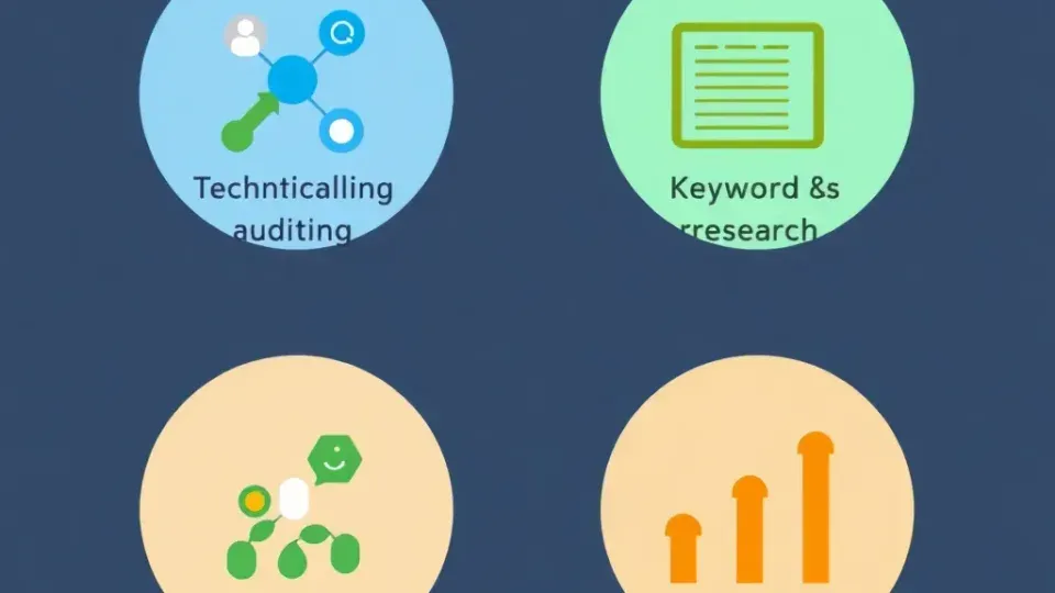 Four circular icons representing technical SEO, content optimization, keyword research, and rank tracking