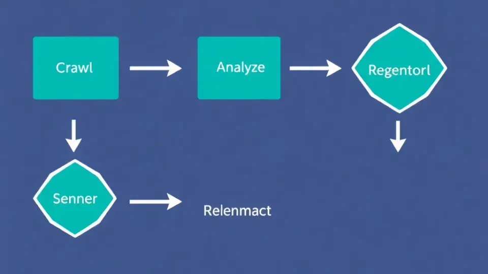 Flowchart showing five-step SEO optimization process with connected stages