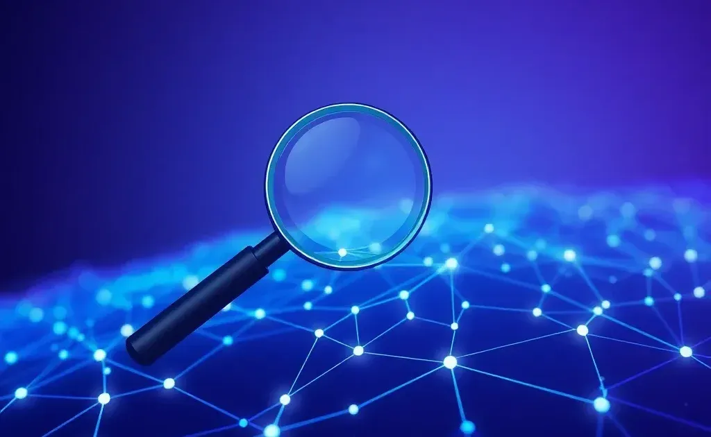 Abstract digital network visualization with magnifying glass symbolizing SEO optimization