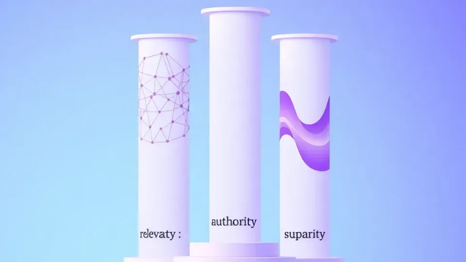 Three conceptual pillars representing relevance, authority, and user experience in SEO