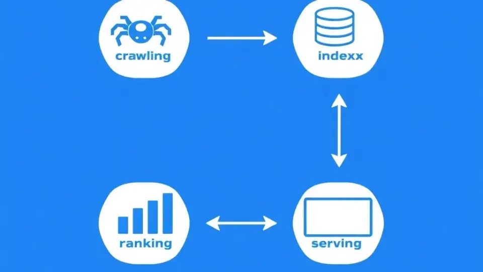 Step-by-step flowchart showing how search engines crawl, index, rank, and serve results