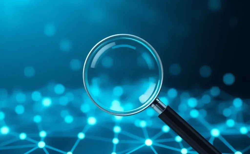 Abstract visualization of search engine networks with interconnected nodes and magnifying glass