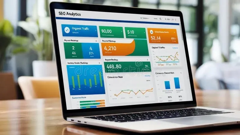Laptop displaying analytics dashboard with SEO performance metrics and charts