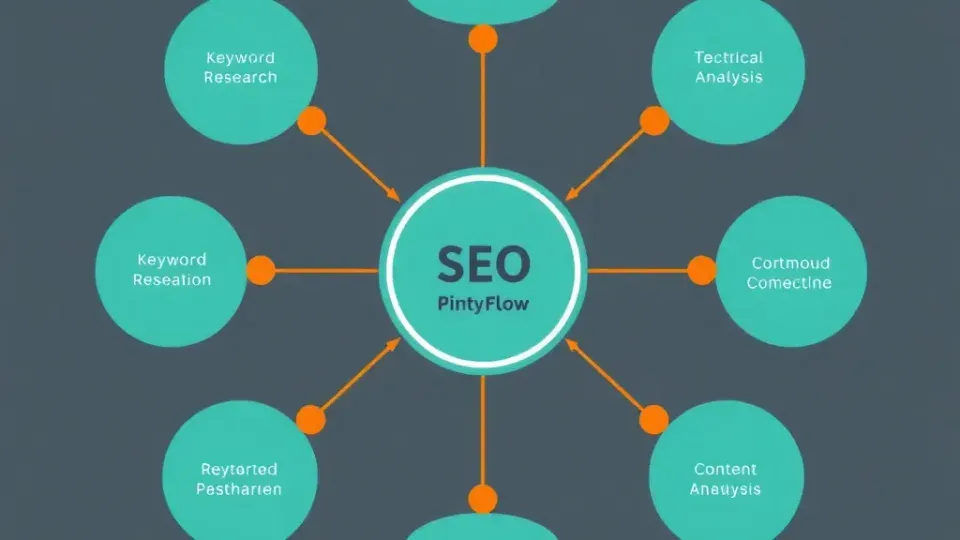 Flowchart diagram showing interconnected SEO optimization workflow components