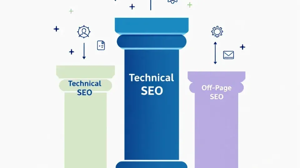 Three pillars of SEO: technical, on-page, and off-page optimization illustrated as connected columns