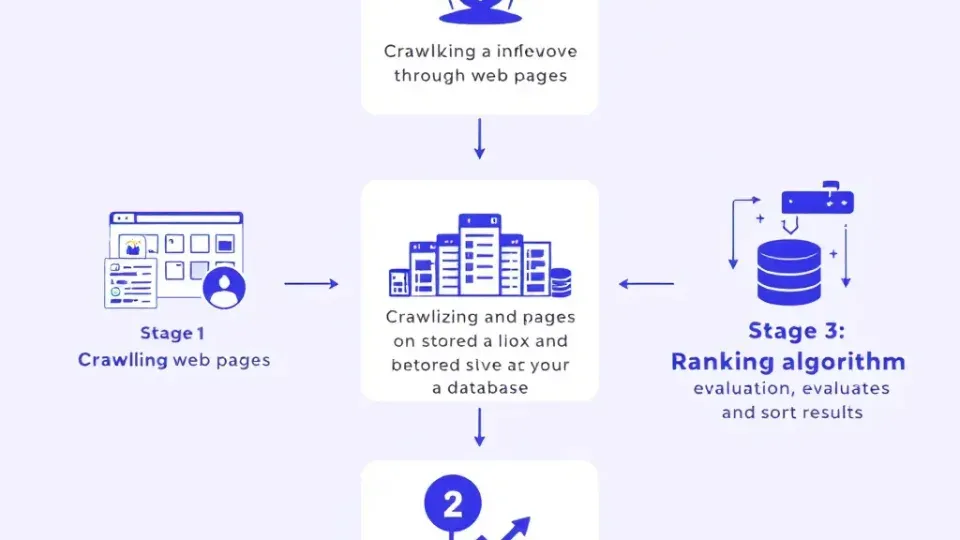 Flowchart showing search engine process of crawling, indexing, and ranking web pages