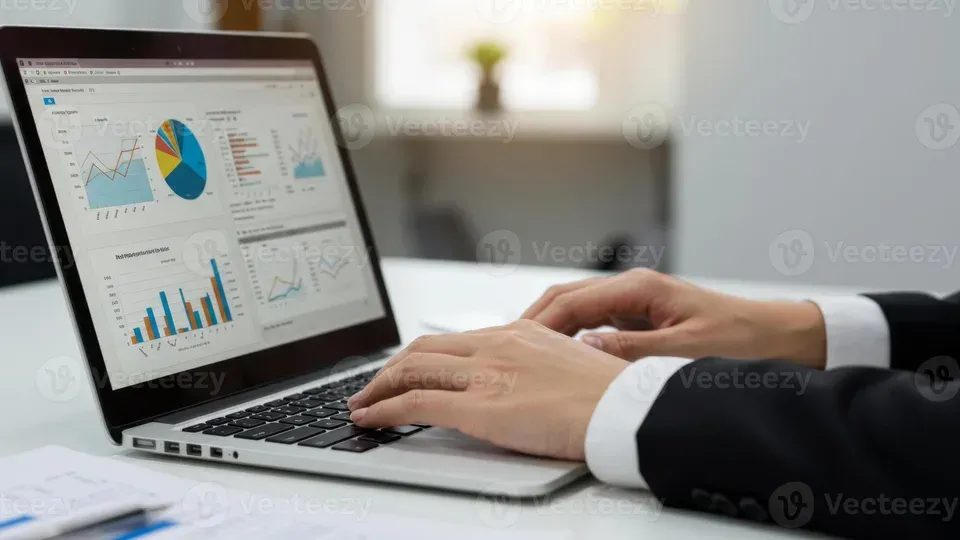 Person typing on laptop with analytics dashboard displayed on screen