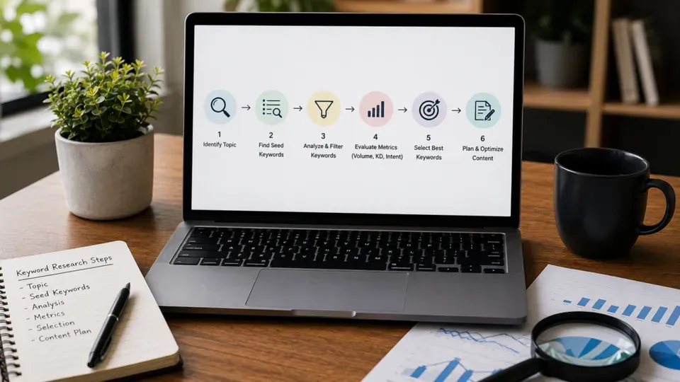 Desk workspace with notebook and pen for keyword research planning