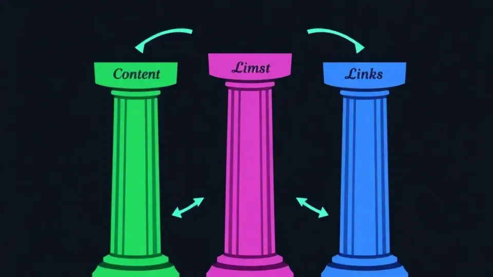 Three interconnected pillars representing SEO foundations with flowing arrows between them