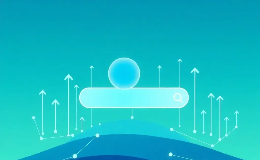 Abstract illustration of magnifying glass over search bar with upward arrows and connected nodes