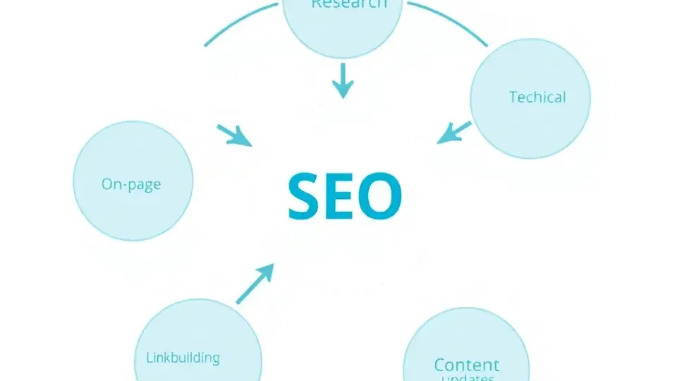Flowchart showing five interconnected SEO strategy pillars