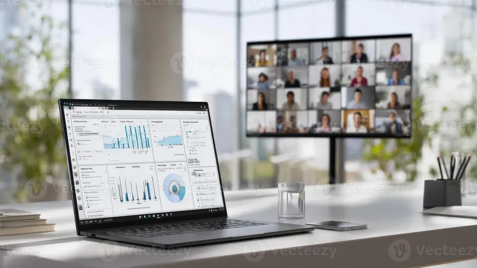 Workspace with laptop showing keyword research analytics and planning tools