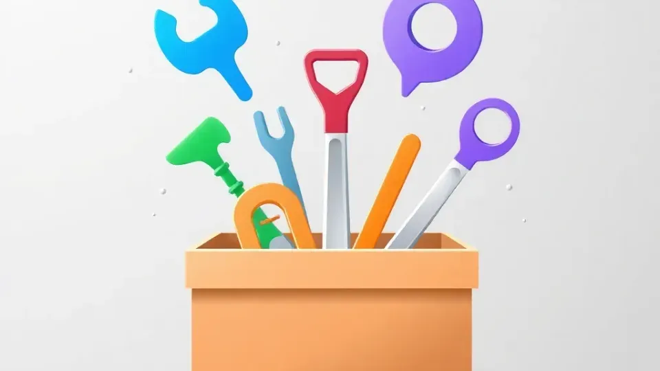 Abstract illustration of SEO tools represented as geometric shapes in a digital toolkit