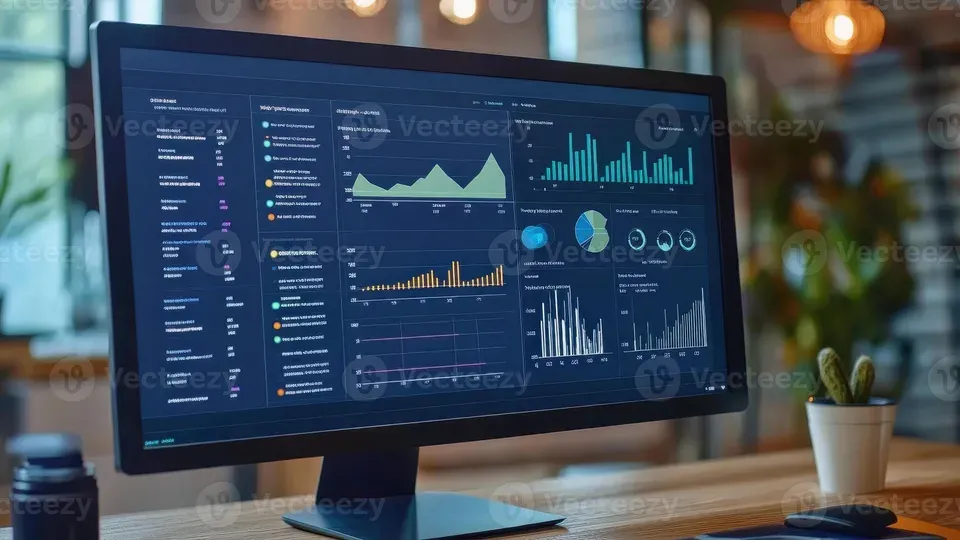 Desktop computer displaying analytics dashboard with colorful charts and performance metrics