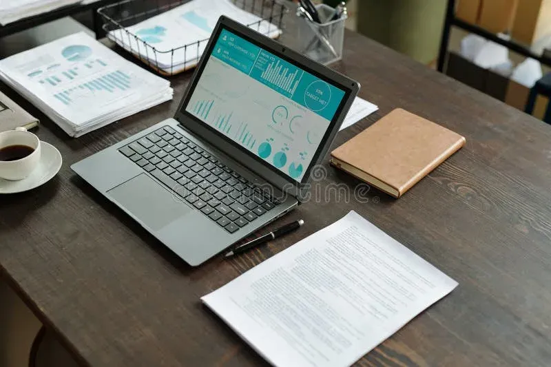Professional workspace with laptop showing analytics dashboard and notebook