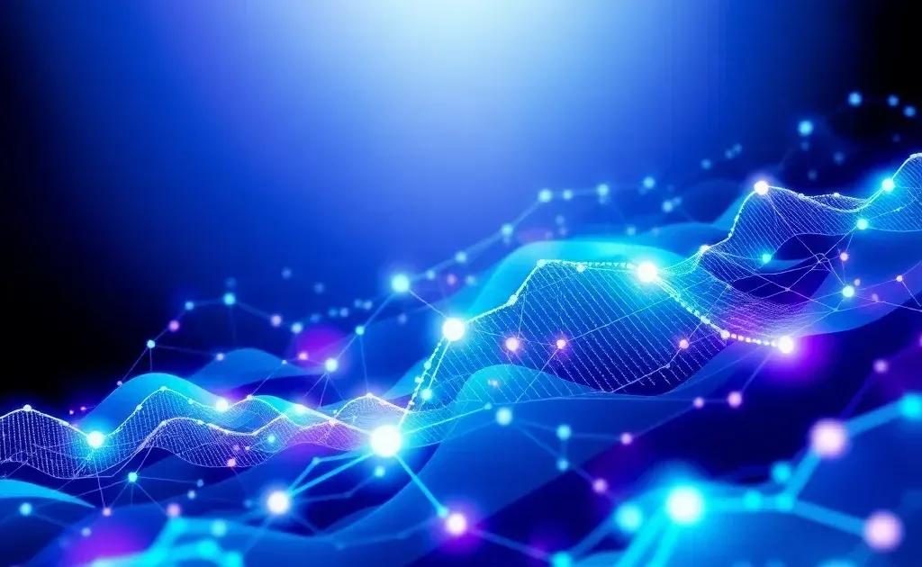 Abstract digital dashboard with interconnected nodes and data streams representing SEO optimization