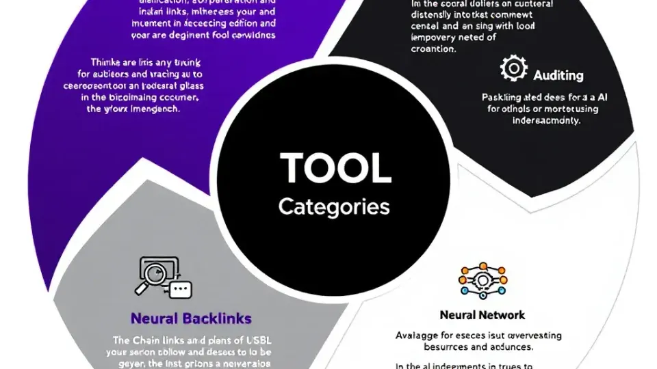 Five SEO tool categories represented as geometric icons arranged in circular flow