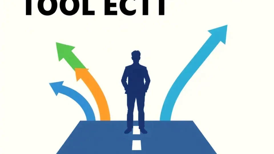 Silhouette figure at crossroads with directional arrows representing tool selection decision
