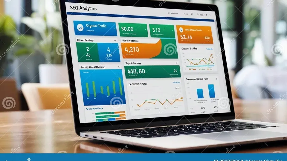 Computer screen displaying SEO analytics dashboard with performance metrics and charts