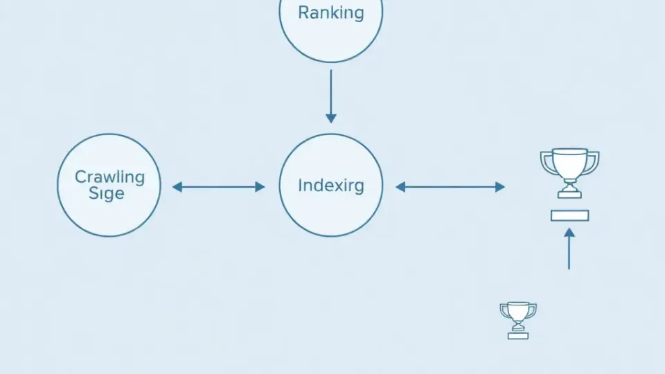 Flowchart showing three SEO stages: crawling, indexing, and ranking with directional flow