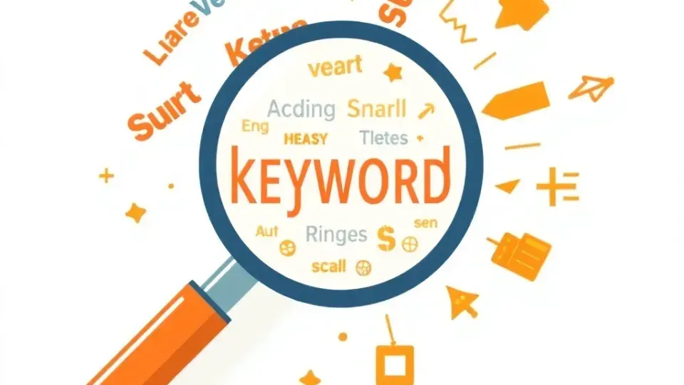 Magnifying glass examining keyword research data and search terms in abstract form
