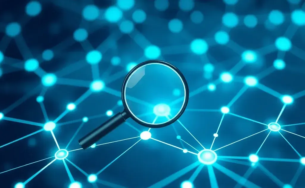 Abstract digital network visualization with magnifying glass symbolizing SEO and search optimization