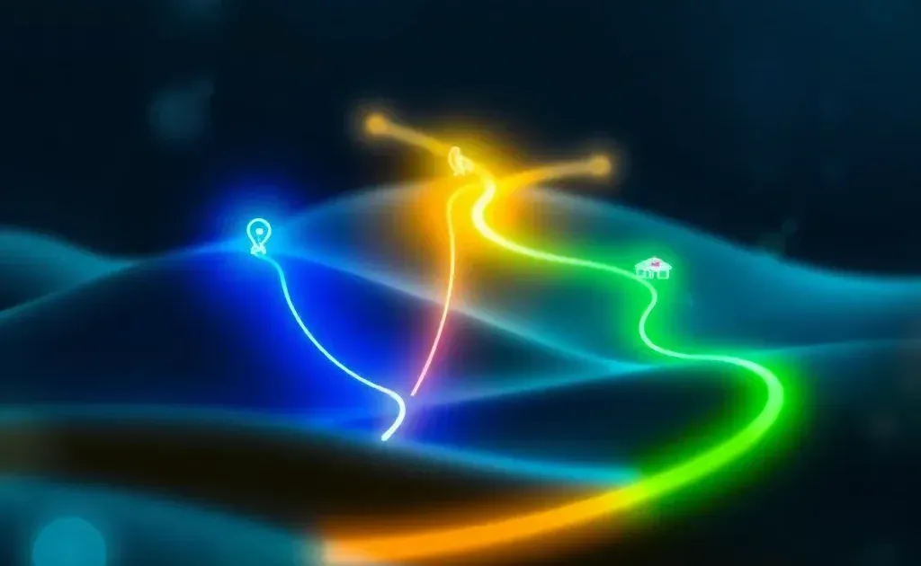 Three diverging glowing pathways representing different digital marketing strategies
