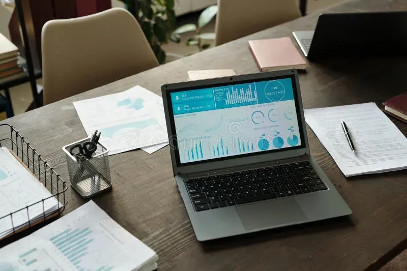 Computer monitor displaying analytics dashboards and performance metrics