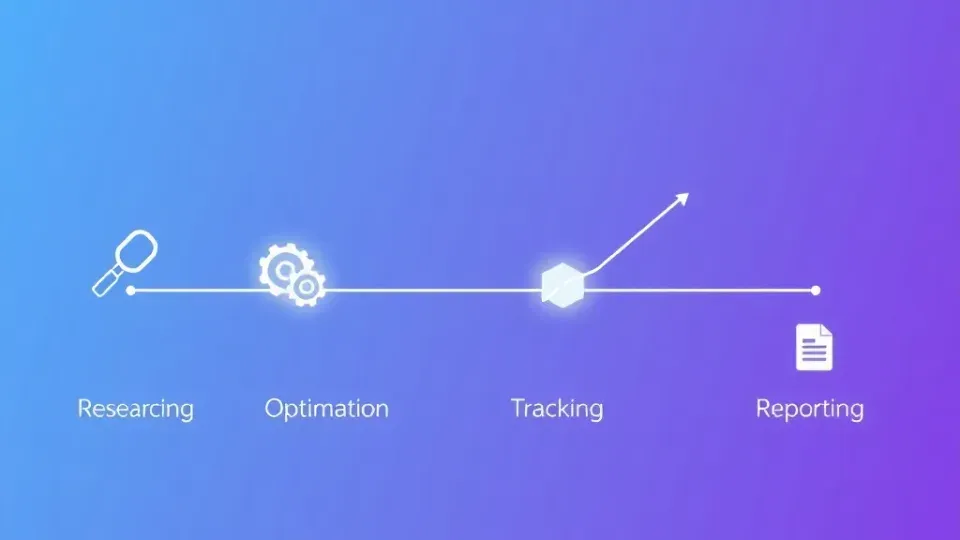 Workflow pipeline diagram showing four SEO stages: research, optimization, tracking, and reporting