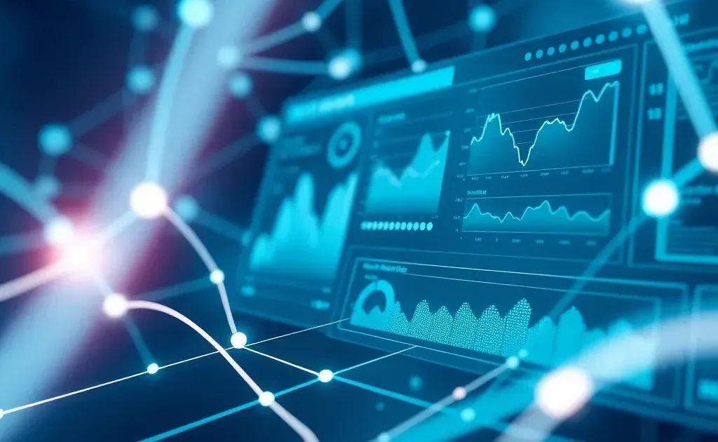 Abstract digital dashboard with interconnected data nodes and analytics visualization
