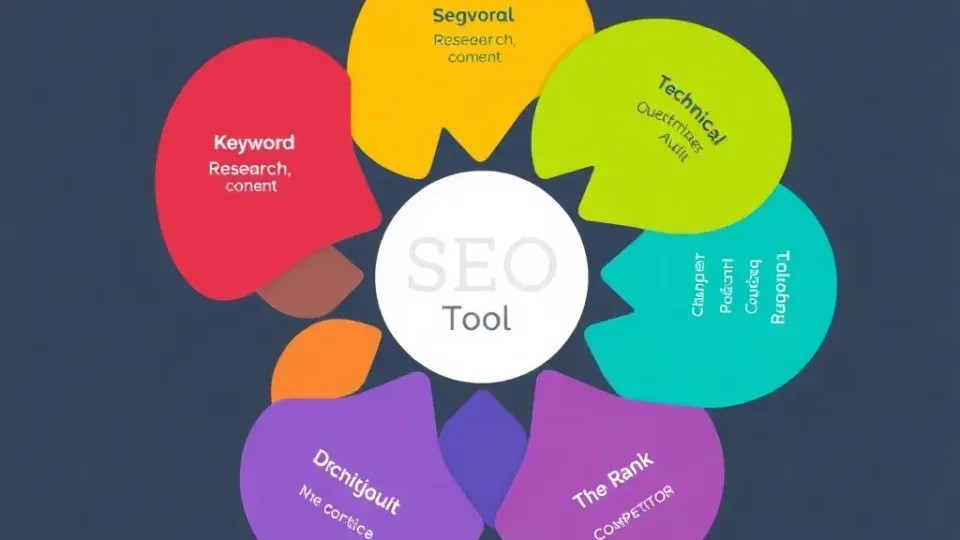 Circular diagram showing interconnected SEO optimization tool categories
