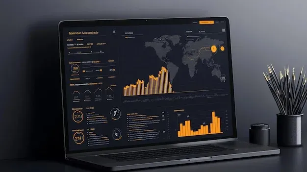Computer monitor displaying colorful analytics dashboard with charts and performance metrics