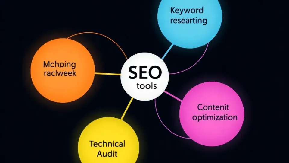 Abstract interconnected spheres representing different SEO tool categories