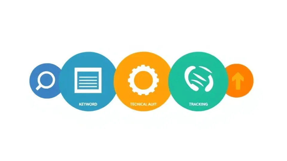 Five circular icons representing core SEO strategies in minimalist design