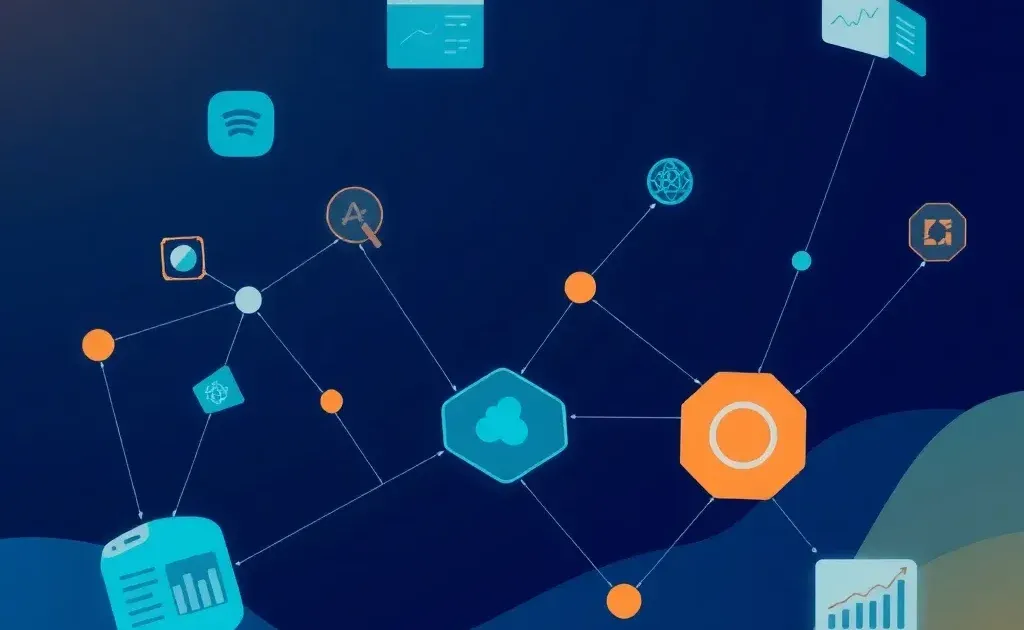 Abstract digital network of interconnected SEO tools and data analytics