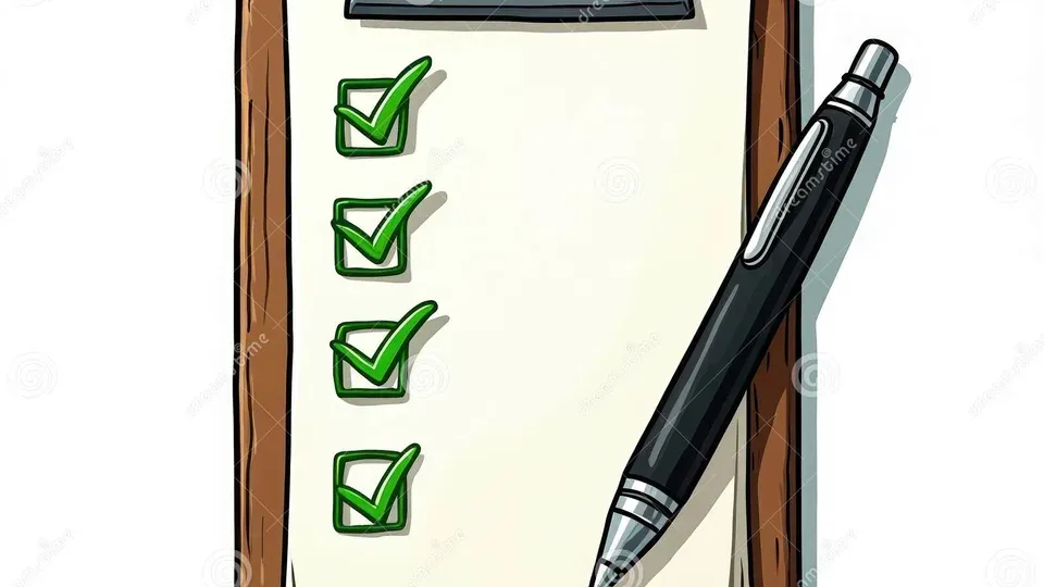 Physical checklist on clipboard with checkmarks and pen