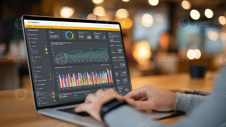 Computer monitor displaying analytics dashboard in professional office workspace