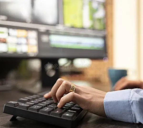 Hands typing on keyboard with computer monitor visible in background