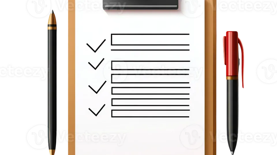 Checklist on clipboard with pen showing tasks and planning items