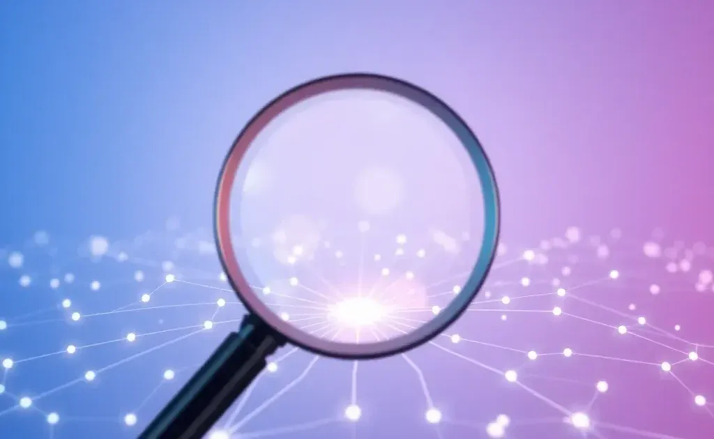 Abstract magnifying glass over digital network representing search optimization