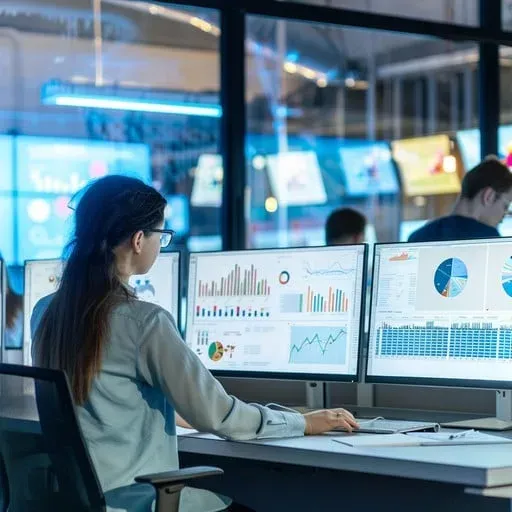 Person at desk with multiple monitors displaying analytics and data dashboards