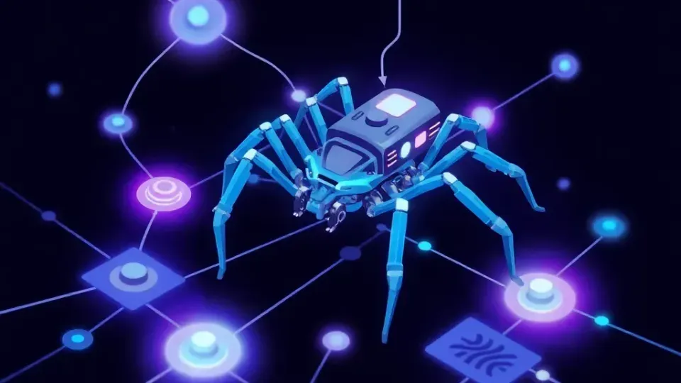 Stylized illustration of a web crawler bot discovering and following links across web pages