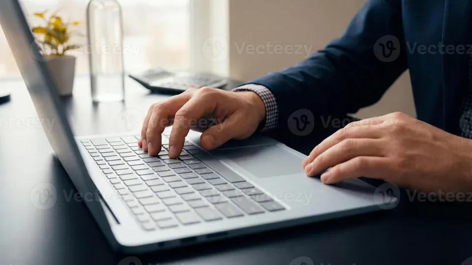 Person typing on laptop keyboard at a workspace desk