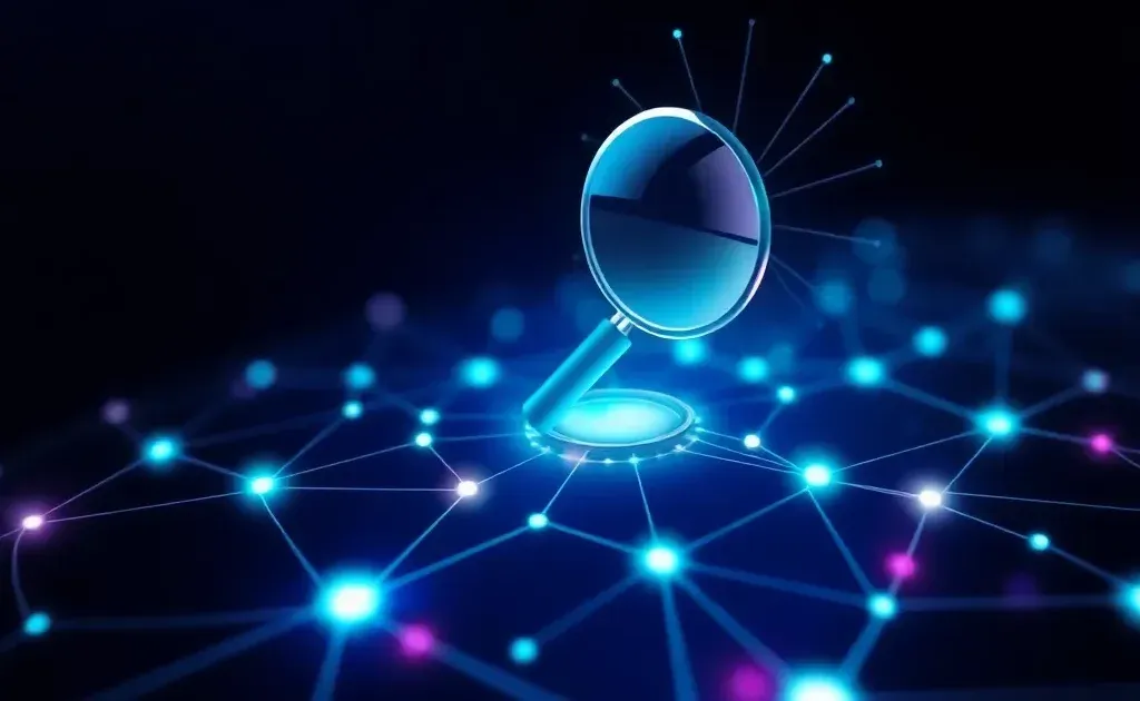 Abstract digital network with magnifying glass symbolizing search engine optimization