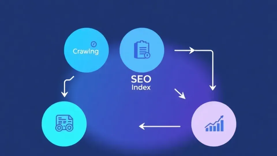Three-stage process flow diagram showing crawling, indexing, and ranking stages of SEO