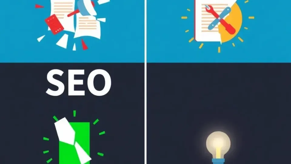 Illustration showing SEO myths debunked versus correct practices