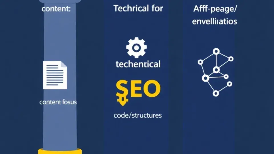 Three pillars representing on-page, technical, and off-page SEO foundations