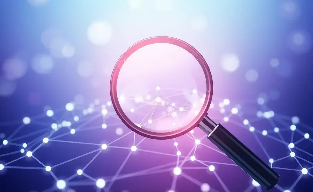Abstract illustration of magnifying glass over interconnected digital nodes representing search optimization